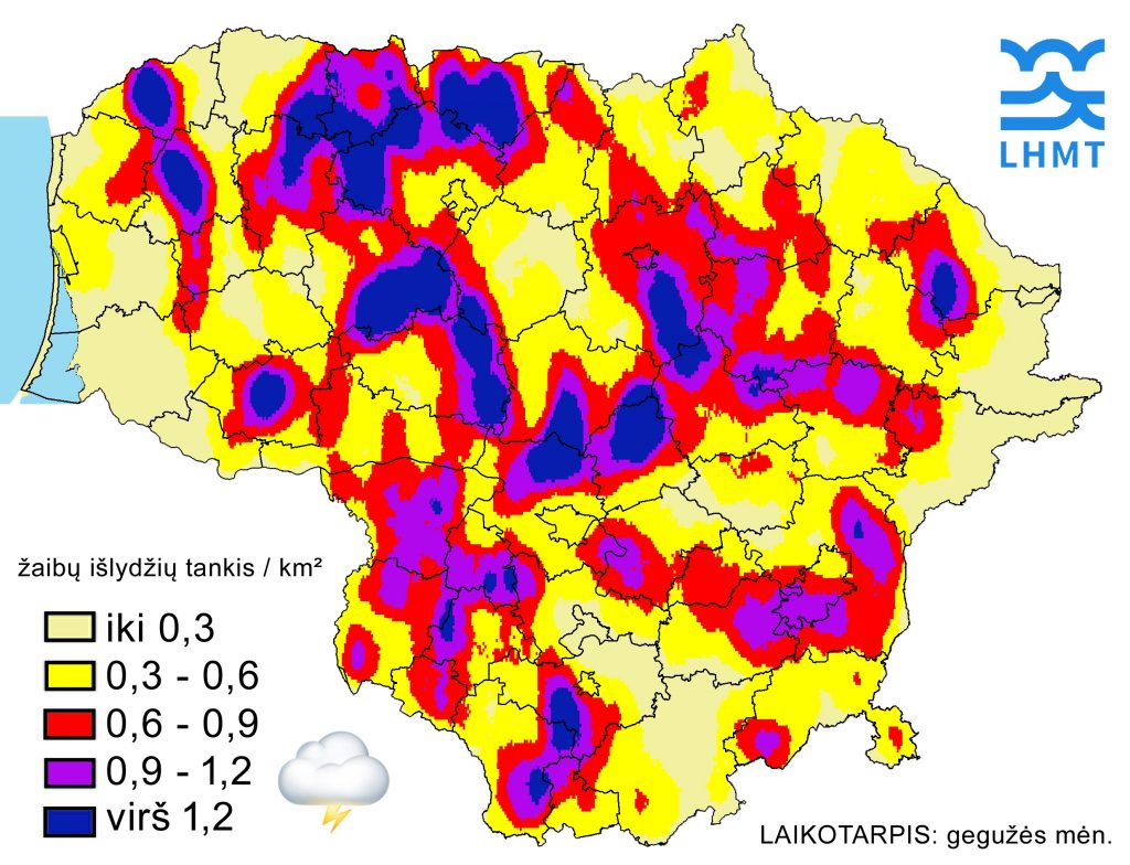 kur daugiausiai žaibavo